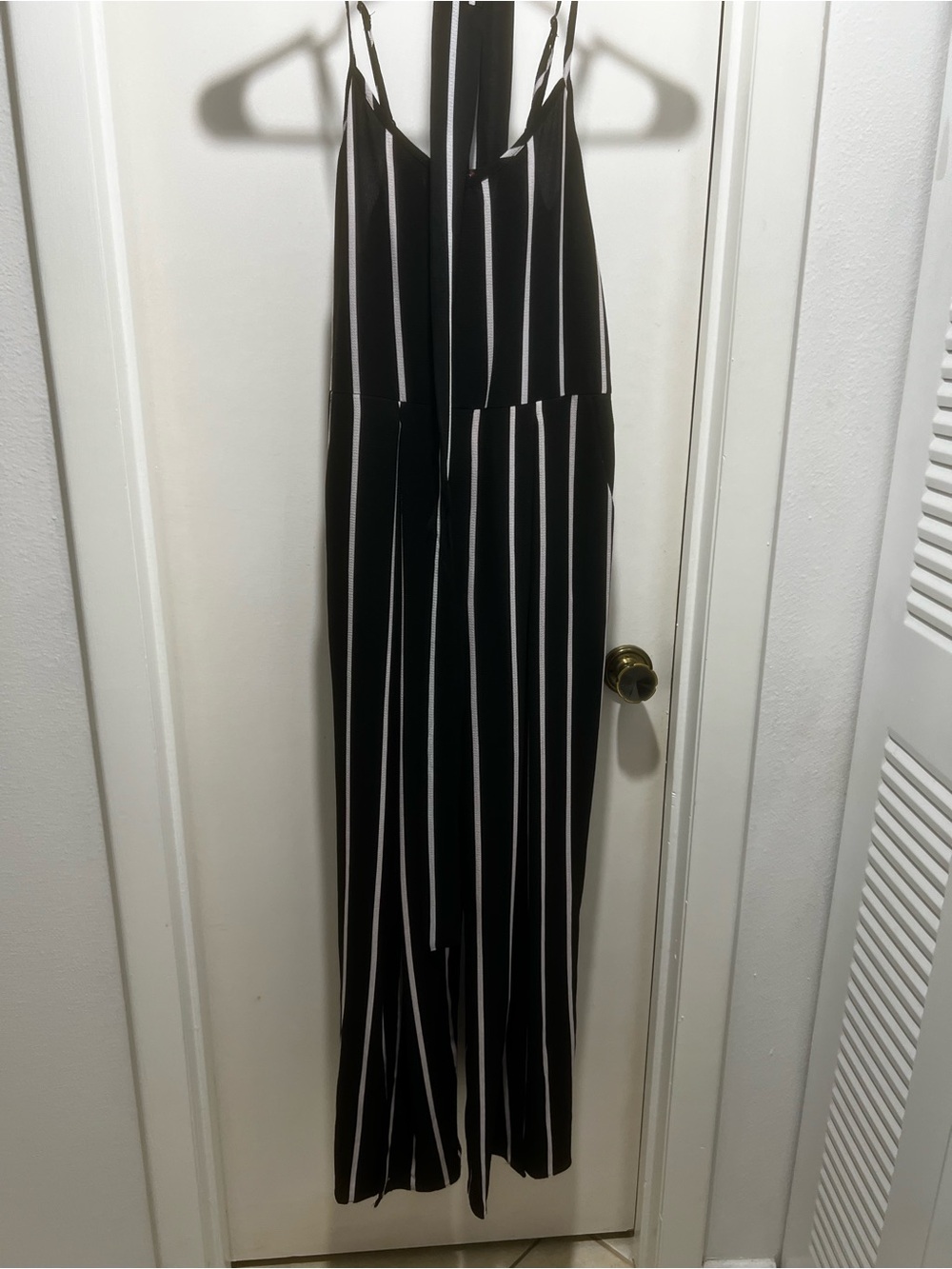 Mimi Chica Black & White Vertical Stripe Spaghetti Strap Jumpsuit